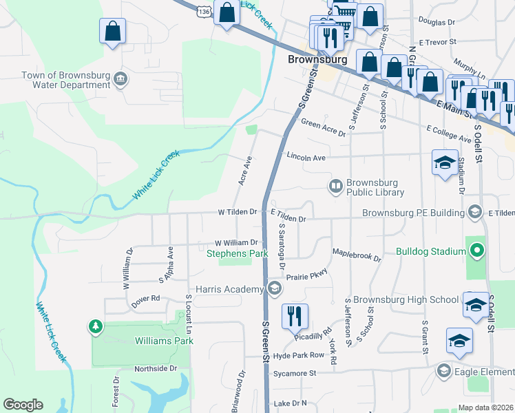 map of restaurants, bars, coffee shops, grocery stores, and more near 506 South Green Street in Brownsburg