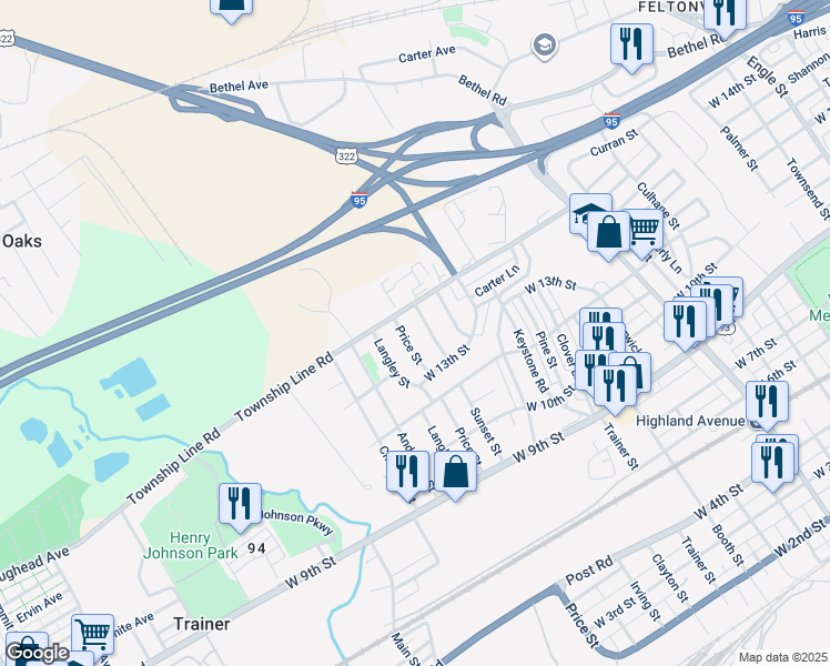 map of restaurants, bars, coffee shops, grocery stores, and more near 1345 Price Street in Trainer