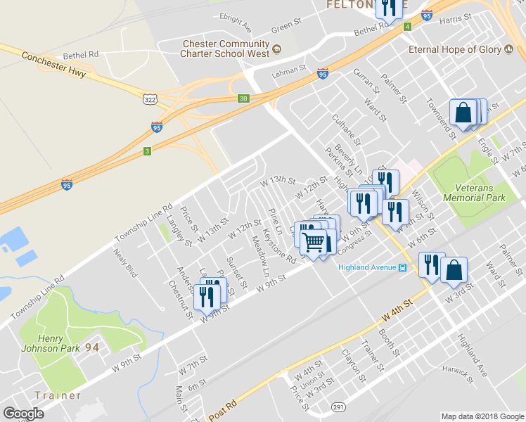 map of restaurants, bars, coffee shops, grocery stores, and more near 1213 Keystone Road in Chester