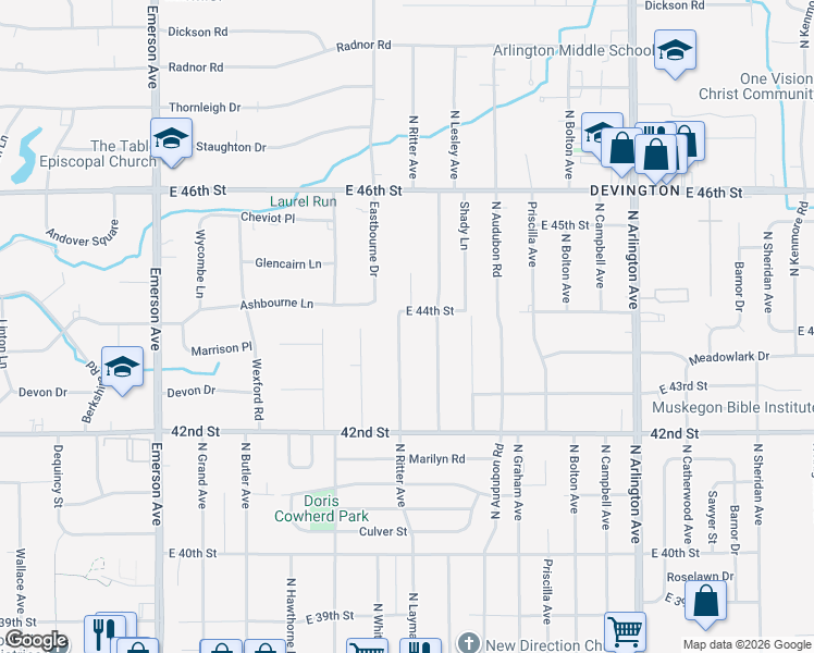map of restaurants, bars, coffee shops, grocery stores, and more near 4401 Eastbourne Drive in Indianapolis