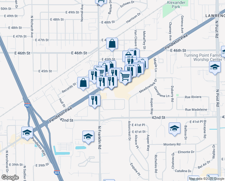 map of restaurants, bars, coffee shops, grocery stores, and more near 8021 Pendleton Pike in Lawrence