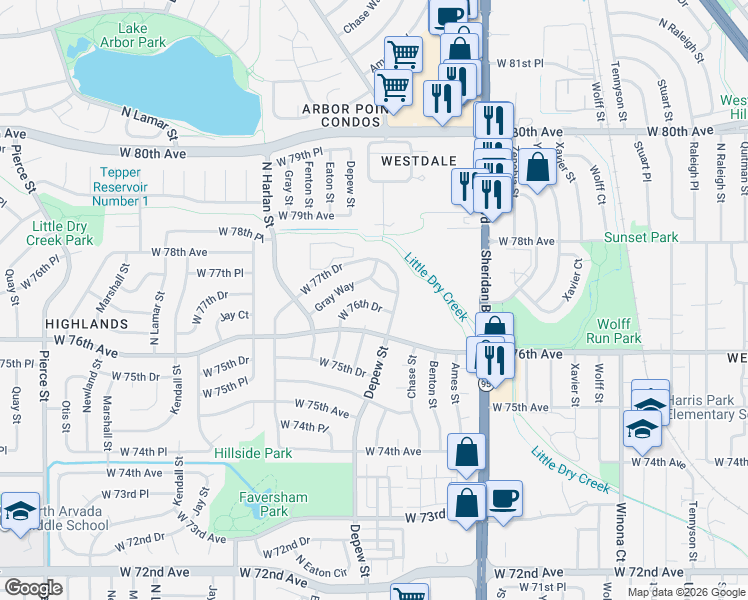 map of restaurants, bars, coffee shops, grocery stores, and more near 7697 Gray Way in Arvada
