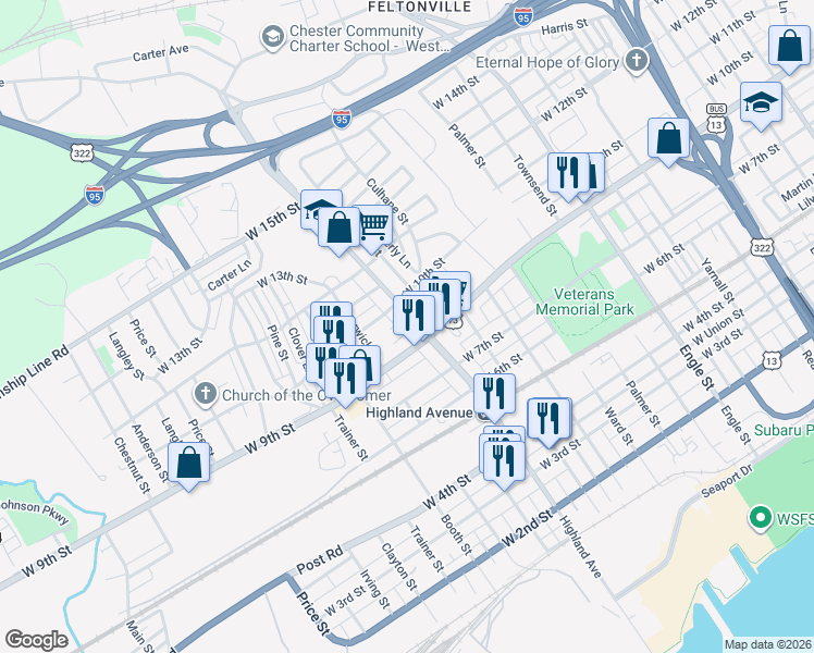 map of restaurants, bars, coffee shops, grocery stores, and more near 2722 West 9th Street in Chester