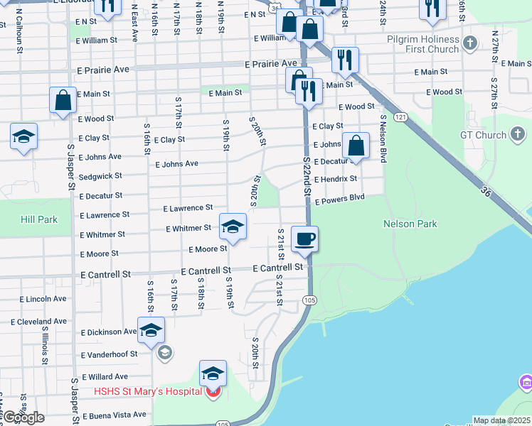 map of restaurants, bars, coffee shops, grocery stores, and more near 2045 East Lawrence Street in Decatur