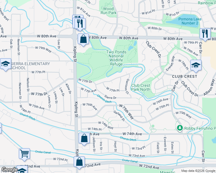 map of restaurants, bars, coffee shops, grocery stores, and more near 9685 West 77th Drive in Arvada