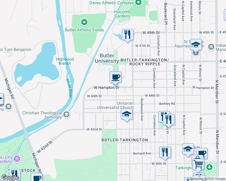 map of restaurants, bars, coffee shops, grocery stores, and more near 705 West Hampton Drive in Indianapolis