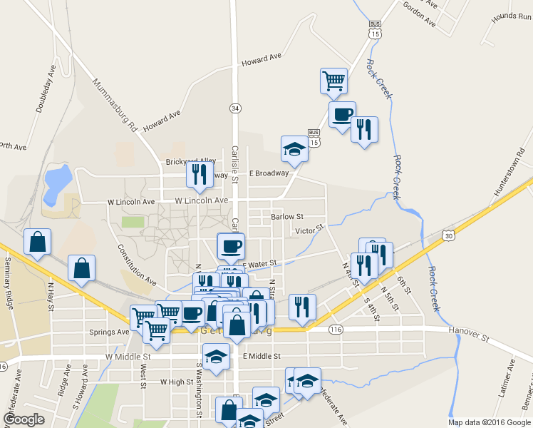 map of restaurants, bars, coffee shops, grocery stores, and more near 316 North Stratton Street in Gettysburg