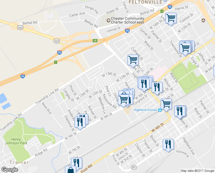 map of restaurants, bars, coffee shops, grocery stores, and more near 1207 Pine Lane in Chester