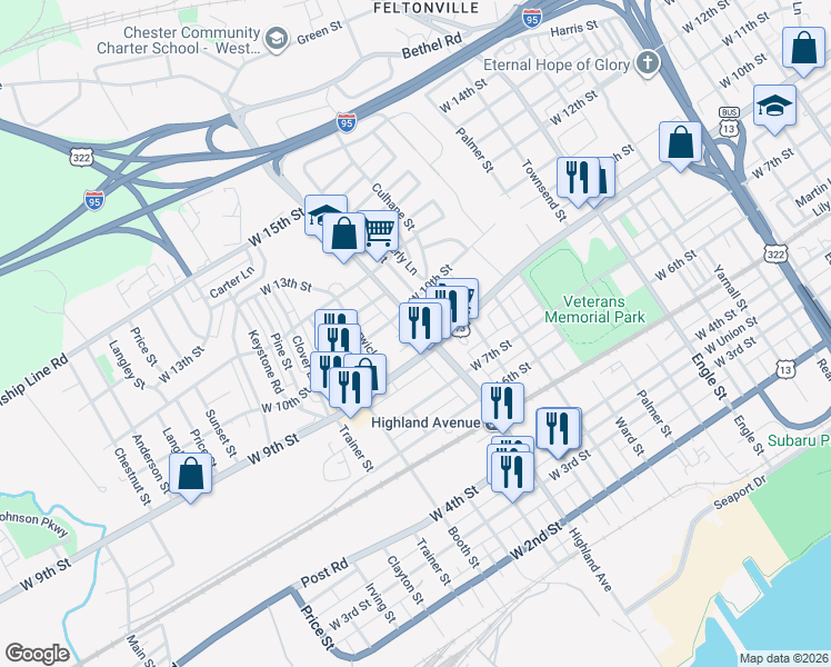 map of restaurants, bars, coffee shops, grocery stores, and more near 2722 West 9th Street in Chester