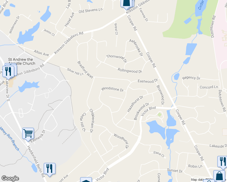 map of restaurants, bars, coffee shops, grocery stores, and more near 66 Woodstone Drive in Voorhees Township