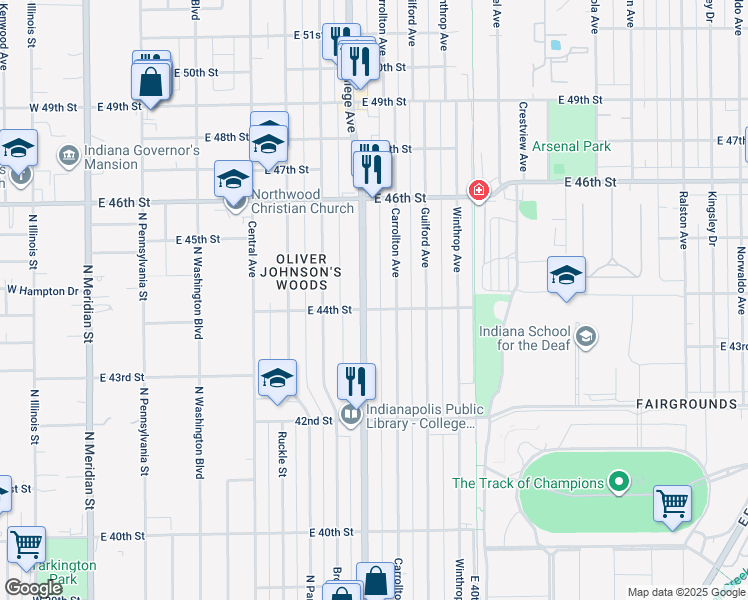 map of restaurants, bars, coffee shops, grocery stores, and more near 4435 North College Avenue in Indianapolis