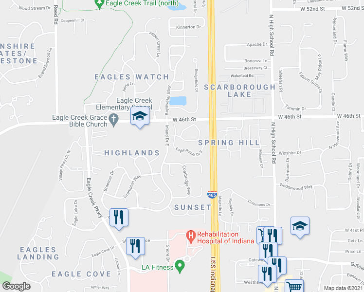 map of restaurants, bars, coffee shops, grocery stores, and more near 6721 Eagle Pointe Drive North in Indianapolis