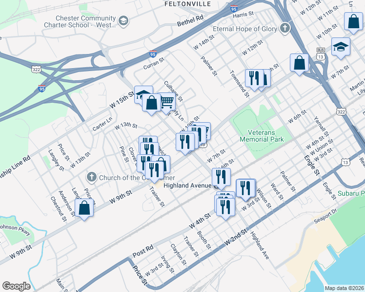 map of restaurants, bars, coffee shops, grocery stores, and more near 2722 West 9th Street in Chester