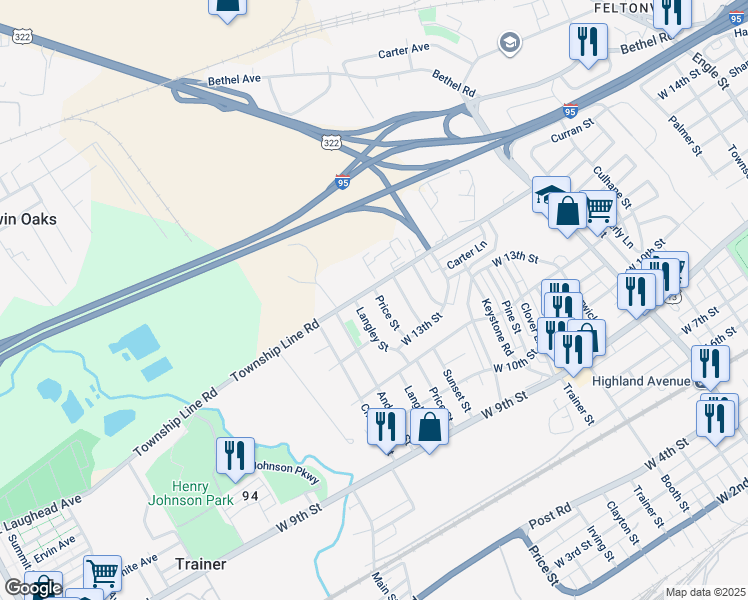 map of restaurants, bars, coffee shops, grocery stores, and more near 1358 Price Street in Trainer