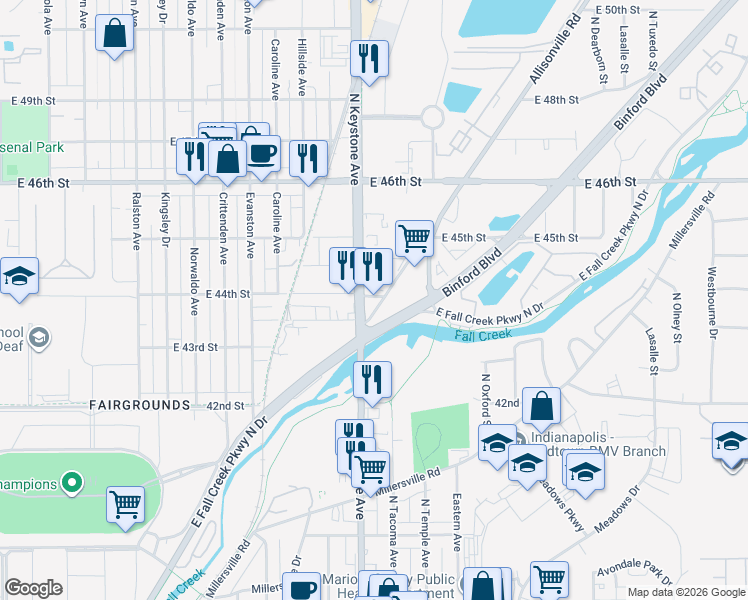 map of restaurants, bars, coffee shops, grocery stores, and more near 4361 North Keystone Avenue in Indianapolis