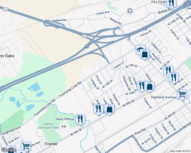 map of restaurants, bars, coffee shops, grocery stores, and more near 1358 Price Street in Trainer