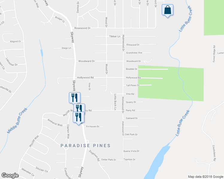 map of restaurants, bars, coffee shops, grocery stores, and more near 6517 Vine Road in Magalia