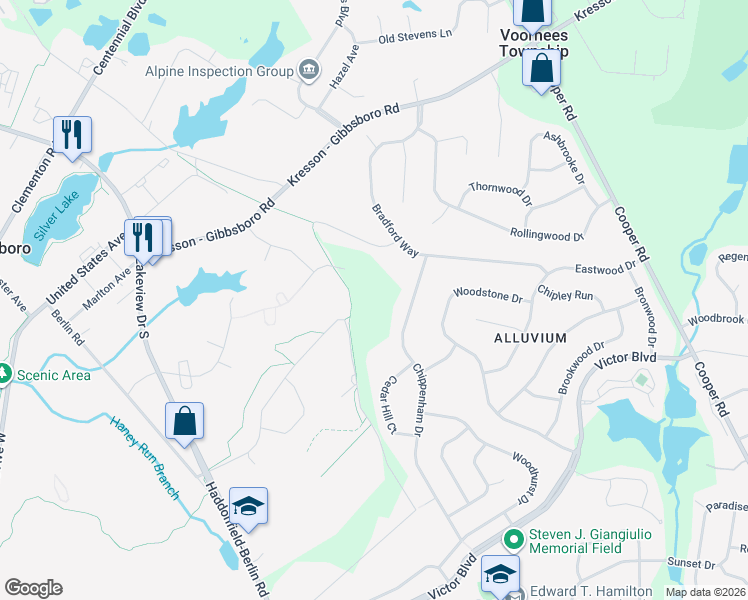 map of restaurants, bars, coffee shops, grocery stores, and more near 203 Blue Heron Court in Voorhees Township