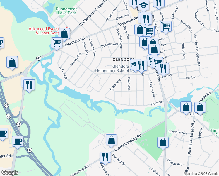 map of restaurants, bars, coffee shops, grocery stores, and more near 417 Ridge Avenue in Gloucester Township