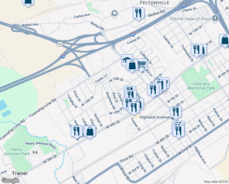map of restaurants, bars, coffee shops, grocery stores, and more near 1207 Pine Lane in Chester