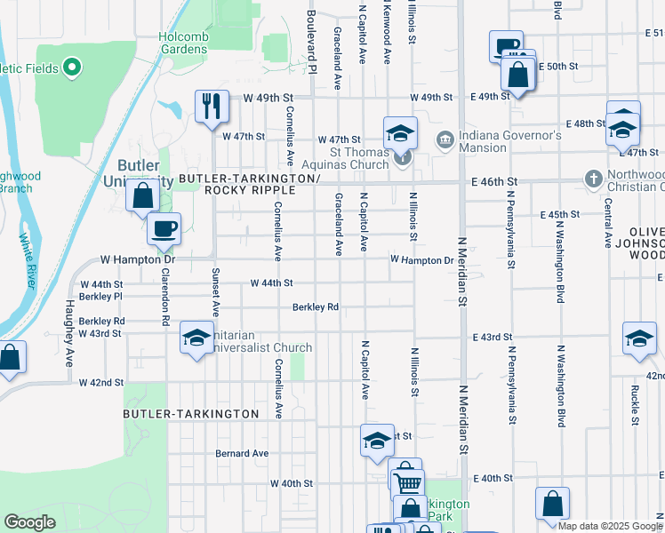 map of restaurants, bars, coffee shops, grocery stores, and more near 240 West Hampton Drive in Indianapolis