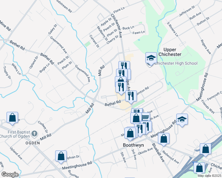 map of restaurants, bars, coffee shops, grocery stores, and more near 3360 Chichester Avenue in Boothwyn
