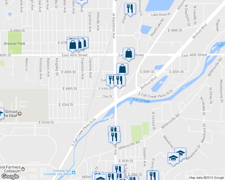 map of restaurants, bars, coffee shops, grocery stores, and more near 4390 North Keystone Avenue in Indianapolis