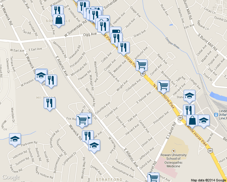 map of restaurants, bars, coffee shops, grocery stores, and more near 106 Whitman Avenue in Stratford