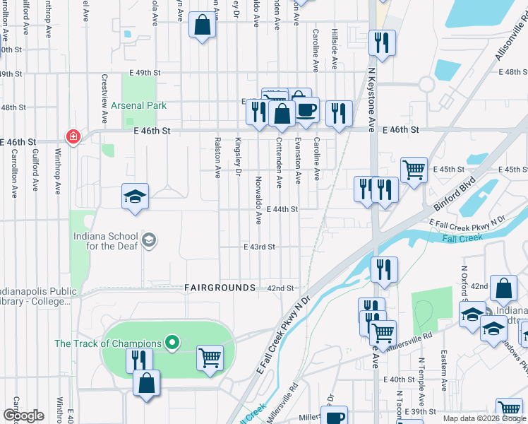map of restaurants, bars, coffee shops, grocery stores, and more near 4417 Norwaldo Avenue in Indianapolis