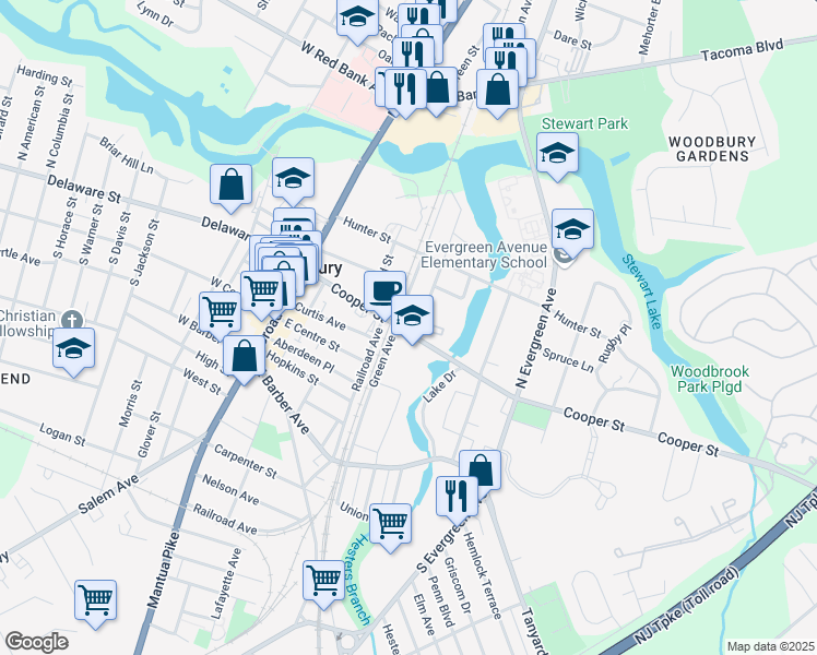 map of restaurants, bars, coffee shops, grocery stores, and more near 118 Cooper Street in Woodbury