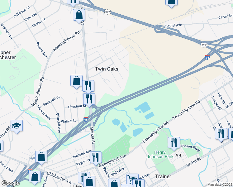 map of restaurants, bars, coffee shops, grocery stores, and more near 2313 Thomas Avenue in Aston