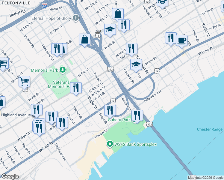 map of restaurants, bars, coffee shops, grocery stores, and more near 1827 West 3rd Street in Chester
