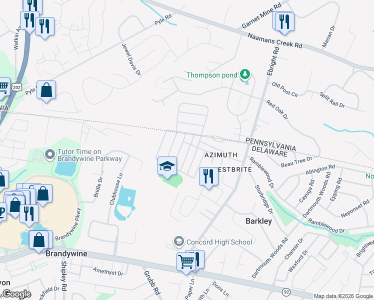 map of restaurants, bars, coffee shops, grocery stores, and more near 606 Canter Road in Wilmington