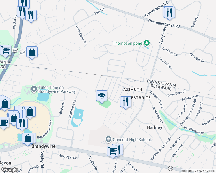 map of restaurants, bars, coffee shops, grocery stores, and more near 92 Echo Road in Wilmington