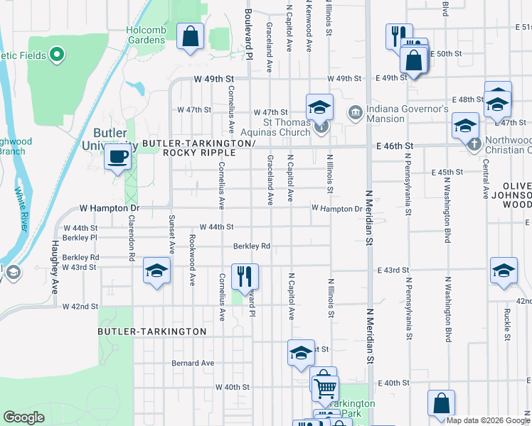 map of restaurants, bars, coffee shops, grocery stores, and more near 240 West Hampton Drive in Indianapolis