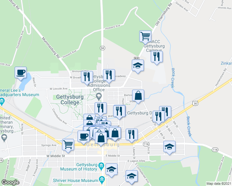 map of restaurants, bars, coffee shops, grocery stores, and more near 318 North Stratton Street in Gettysburg