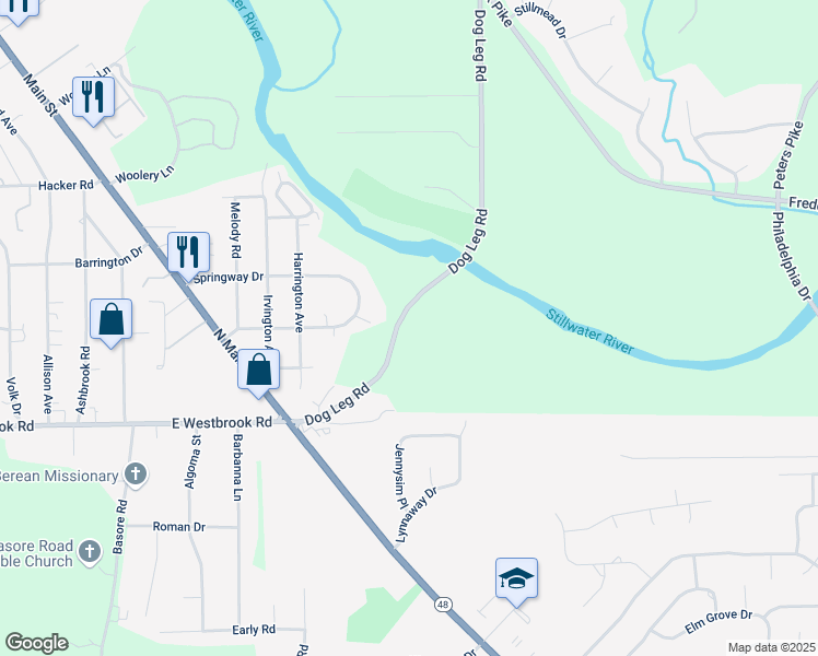 map of restaurants, bars, coffee shops, grocery stores, and more near 6227 Dog Leg Road in Dayton