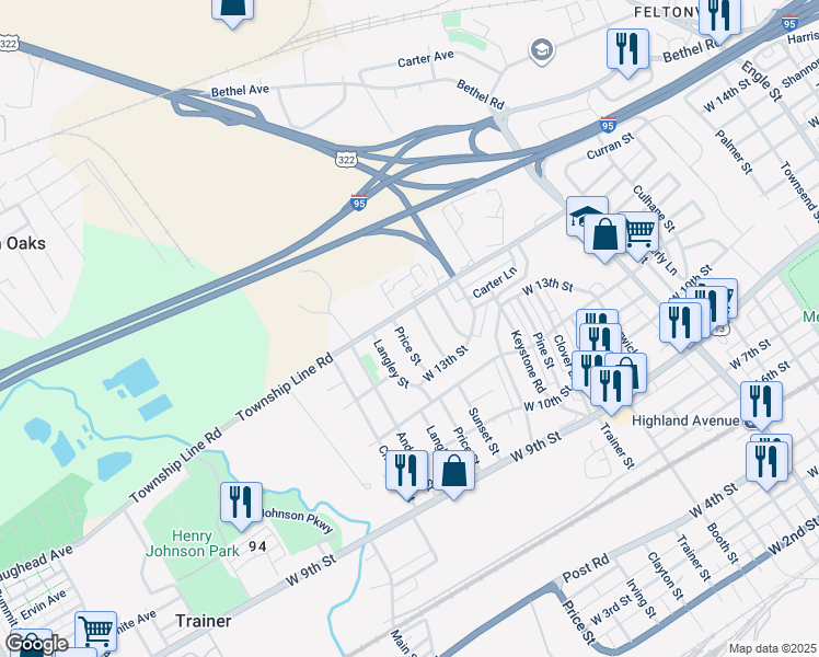 map of restaurants, bars, coffee shops, grocery stores, and more near 1353 Price Street in Trainer