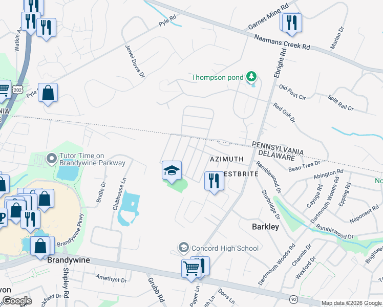 map of restaurants, bars, coffee shops, grocery stores, and more near 606 Canter Road in Wilmington