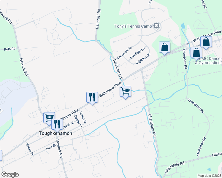 map of restaurants, bars, coffee shops, grocery stores, and more near 1225 Baltimore Pike in Toughkenamon