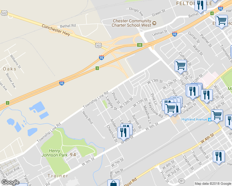 map of restaurants, bars, coffee shops, grocery stores, and more near 1353 Price Street in Trainer