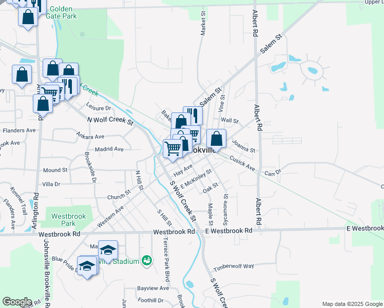 map of restaurants, bars, coffee shops, grocery stores, and more near Mulberry Street in Brookville