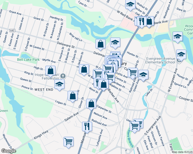 map of restaurants, bars, coffee shops, grocery stores, and more near 27 South Broad Street in Woodbury