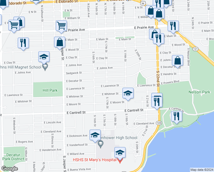 map of restaurants, bars, coffee shops, grocery stores, and more near 599 South 17th Street in Decatur