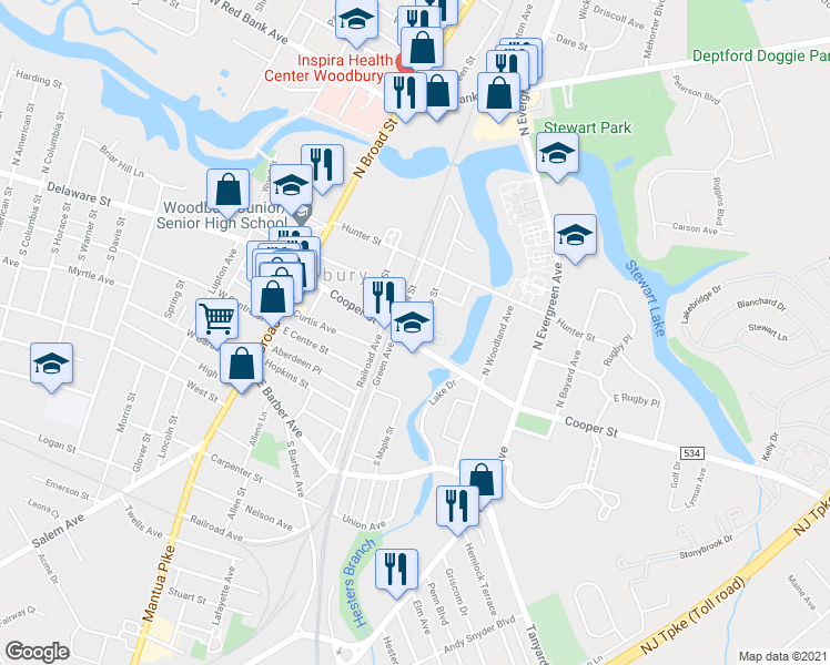 map of restaurants, bars, coffee shops, grocery stores, and more near 11 North Maple Street in Woodbury