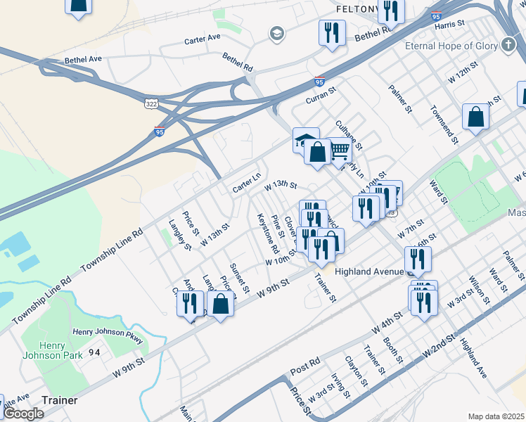 map of restaurants, bars, coffee shops, grocery stores, and more near 1219 Keystone Road in Chester