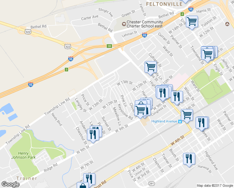 map of restaurants, bars, coffee shops, grocery stores, and more near 1219 Keystone Road in Chester
