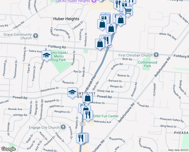 map of restaurants, bars, coffee shops, grocery stores, and more near Brandt Pike in Dayton