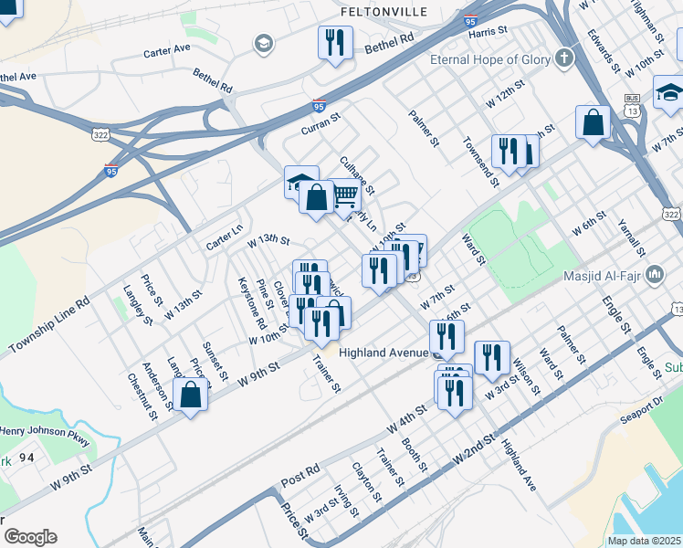 map of restaurants, bars, coffee shops, grocery stores, and more near 2822 West 10th Street in Chester