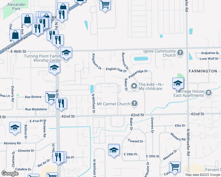 map of restaurants, bars, coffee shops, grocery stores, and more near 9426 East 44th Street in Indianapolis